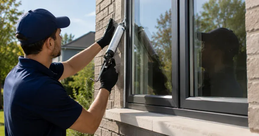 Aluminum window frame with double glazed insulated glass unit installed in a residential wall in Brock Industrial, Pickering