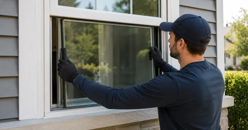 technician boarding up broken window during emergency glass repair Thompson