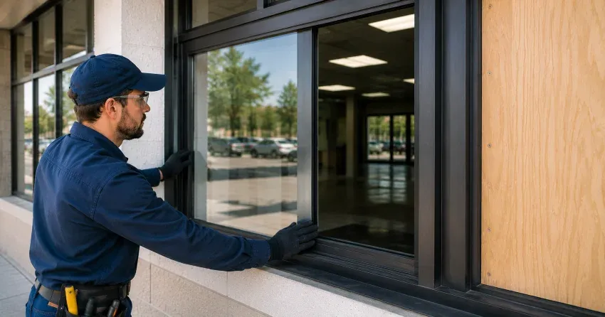technician boarding a broken window after a break-in in Pickering