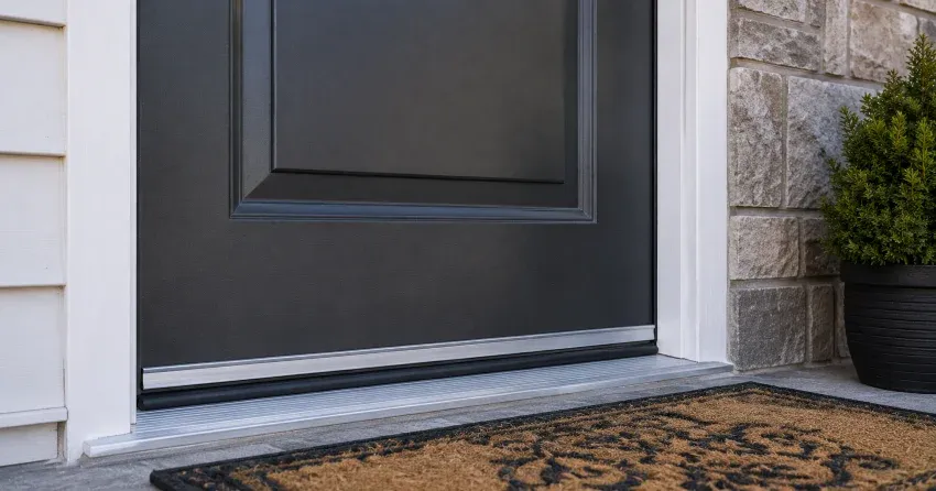technician replacing worn door weatherstripping in Pickering home