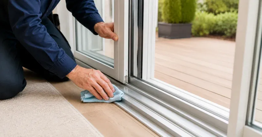 technician inspecting a sliding patio door track in Pickering