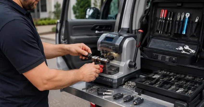 technician cutting a replacement car door lock key in Claremont, Pickering