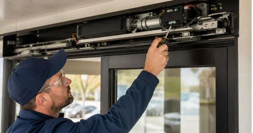 technician completing automatic door repair on residential property in Kinsale, Pickering