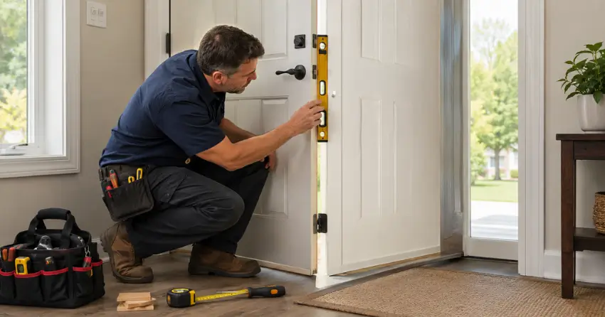 technician diagnosing a misaligned door frame in Greenwood, Pickering