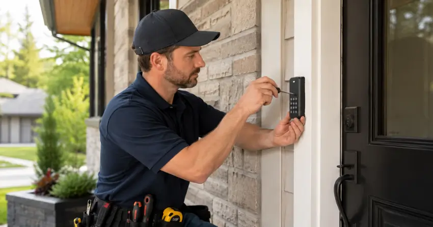 Technician installing an access control system keypad beside a residential front door in Pickering