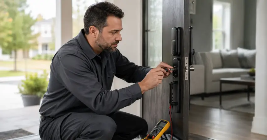 technician diagnosing automatic door lock mechanism on residential door in Pickering