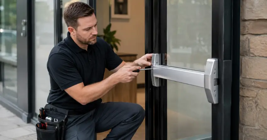 commercial locksmith repairing exit device on storefront door Pickering