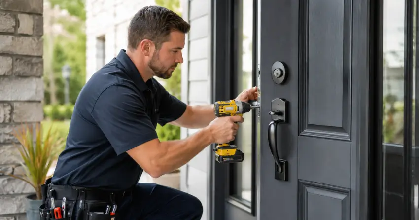 locksmith installing deadbolt lock on exterior door in Pickering