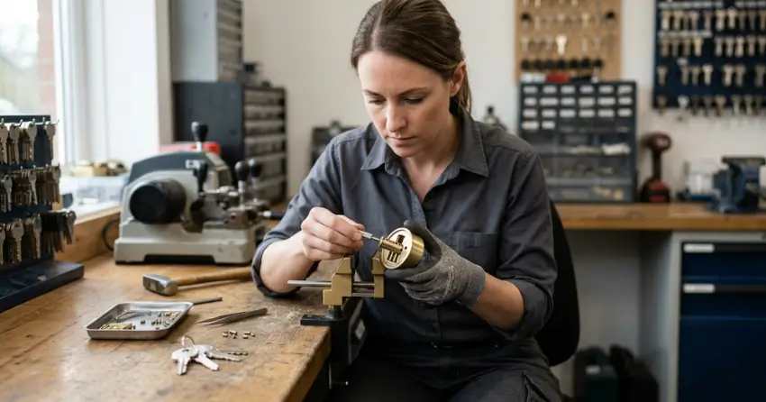 locksmith technician rekeying a deadbolt in Pickering