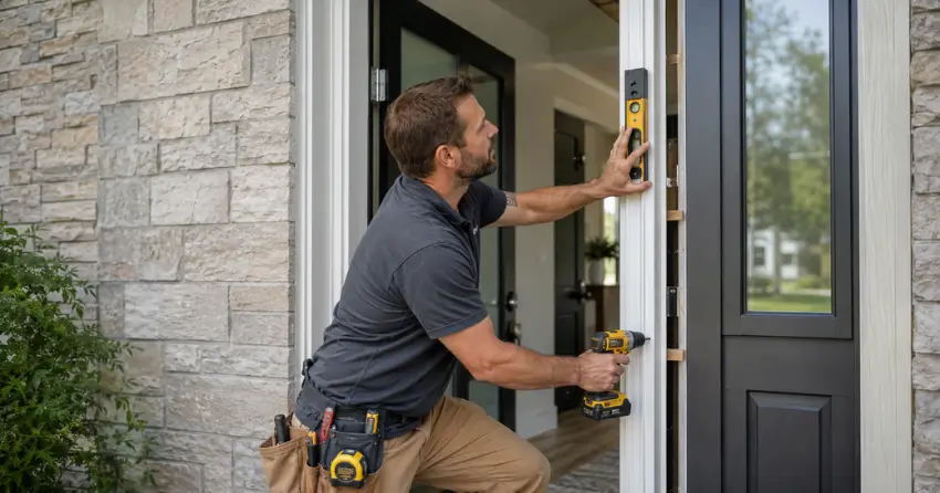 technician installing a new exterior door frame in Pickering