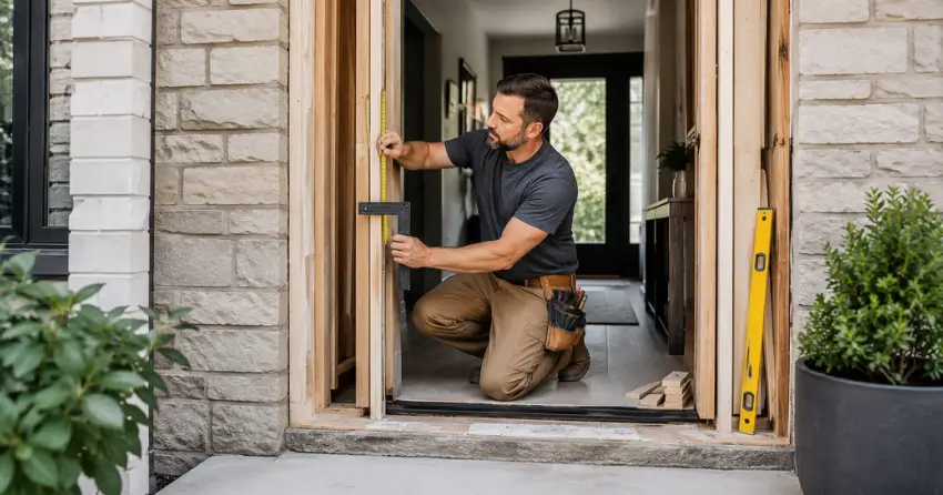 exterior door installer assessing rough opening in Claremont, Pickering