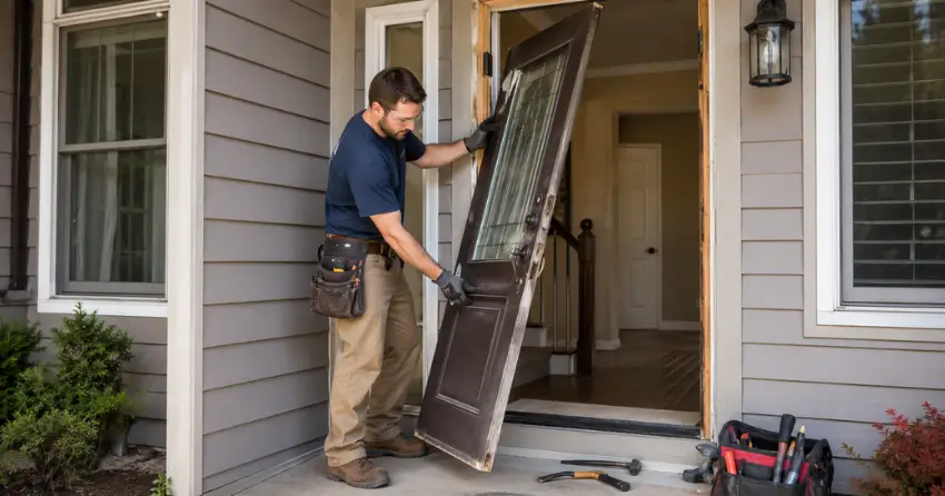 old exterior door being removed for replacement in Liverpool, Pickering
