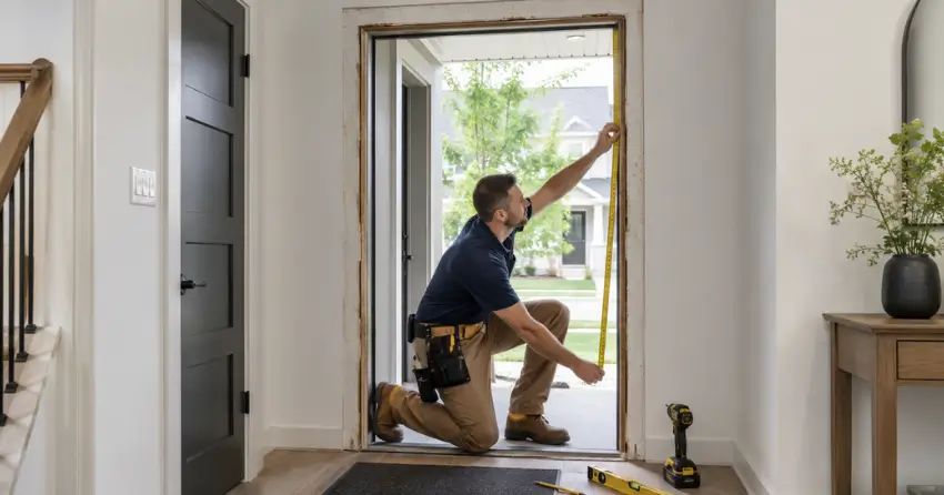 technician measuring a door frame before new door installation in Liverpool, Pickering