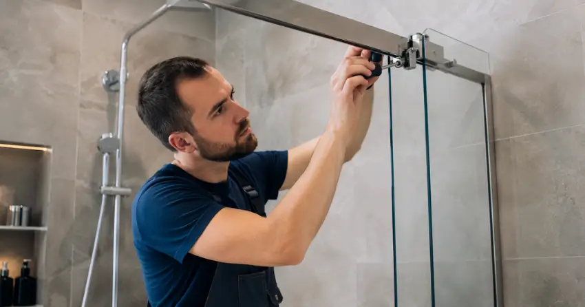 technician adjusting shower door hinge and track in Village East, Pickering