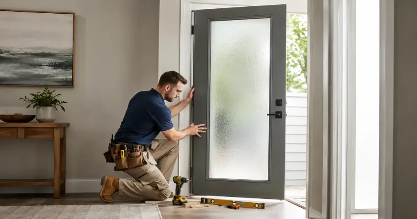 glass panel door installation with frosted privacy glass in residential setting in Pickering
