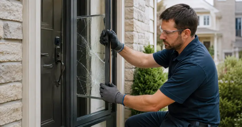 technician removing cracked storm door glass panel in Seaton Urban Area, Pickering