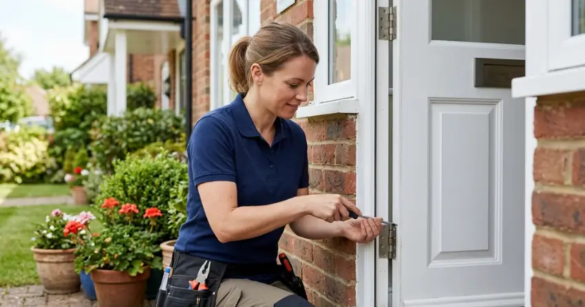 technician repairing exterior door hinge and frame in Seaton Urban Area, Pickering