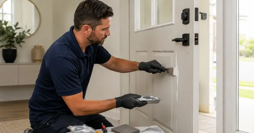 technician repairing fiberglass door surface crack in Bay Ridges, Pickering