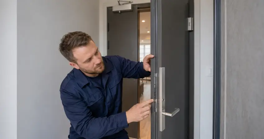 technician inspecting fire-rated door seal and hardware in Duffin Heights, Pickering